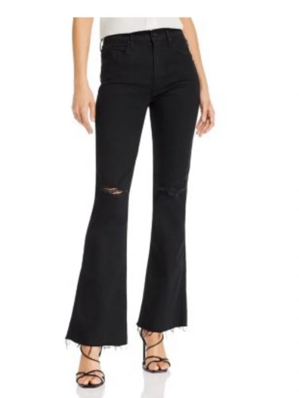 MOTHER The Weekender Fray Flared Jeans in Guilty As Sin Black Distressed